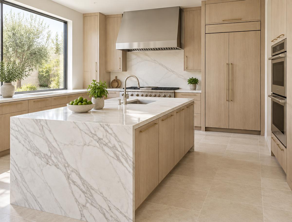 Bright luxury kitchen with a marble island, professional range and built-in refrigerator
