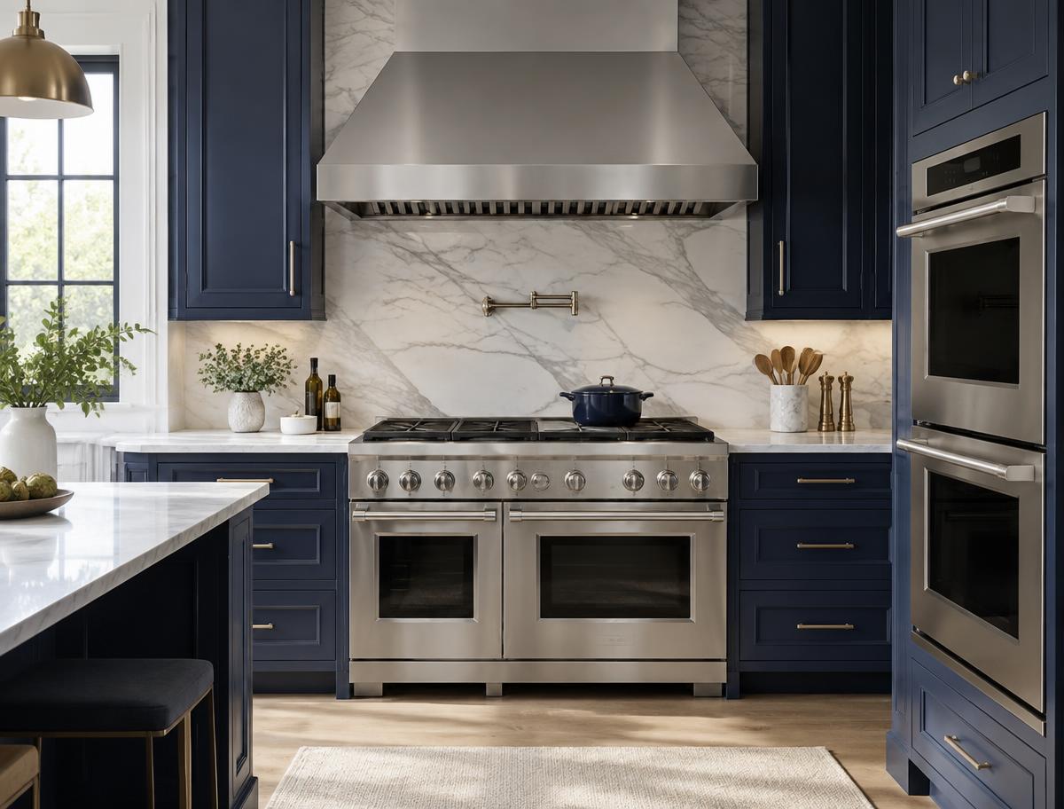 Professional-style stainless range with hood and built-in double wall ovens