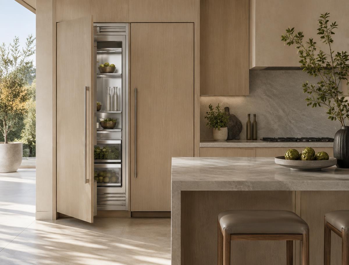 Panel-ready built-in column refrigerator in a modern oak kitchen